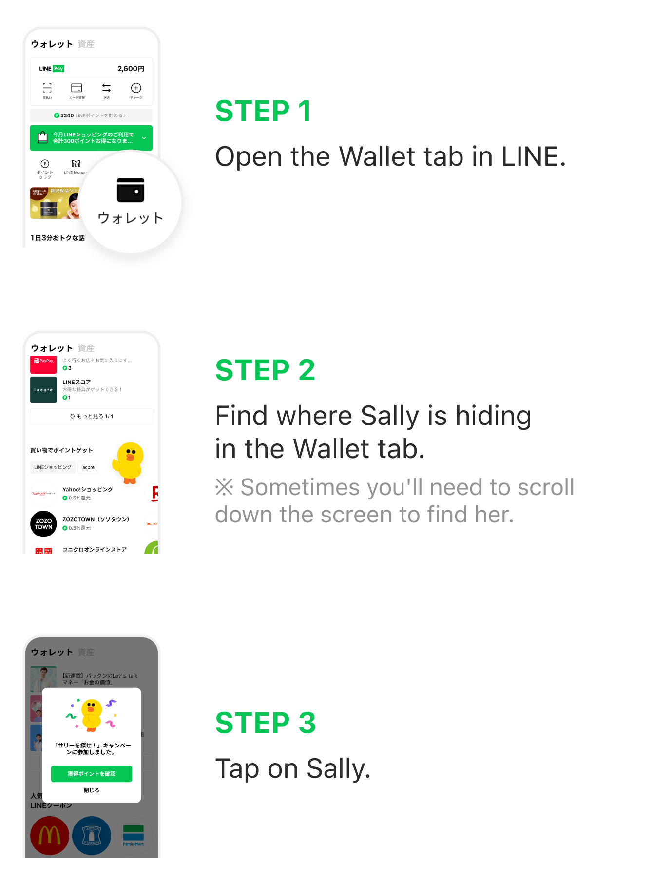 Step 1
Open the Wallet tab in LINE.

Step 2
Find where Sally is hiding in the Wallet tab.
(Sometimes you'll need to scroll down the screen to find her.)

Step 3
Tap on Sally.